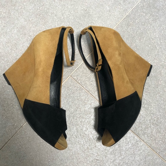 Celine Suede Peep Toe Heeled Wedges - Picture 3 of 5